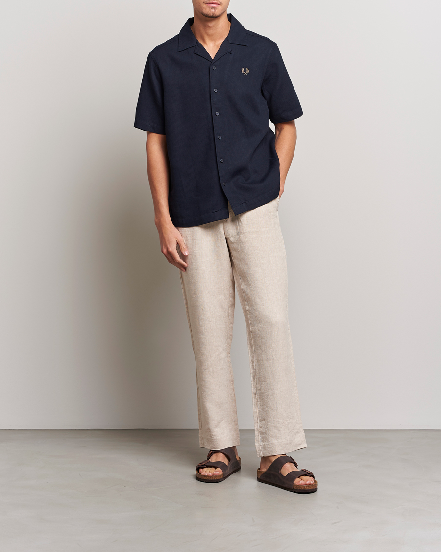 Herren | Hemden | Fred Perry | Woven Pique Short Sleeve Linen Shirt Navy