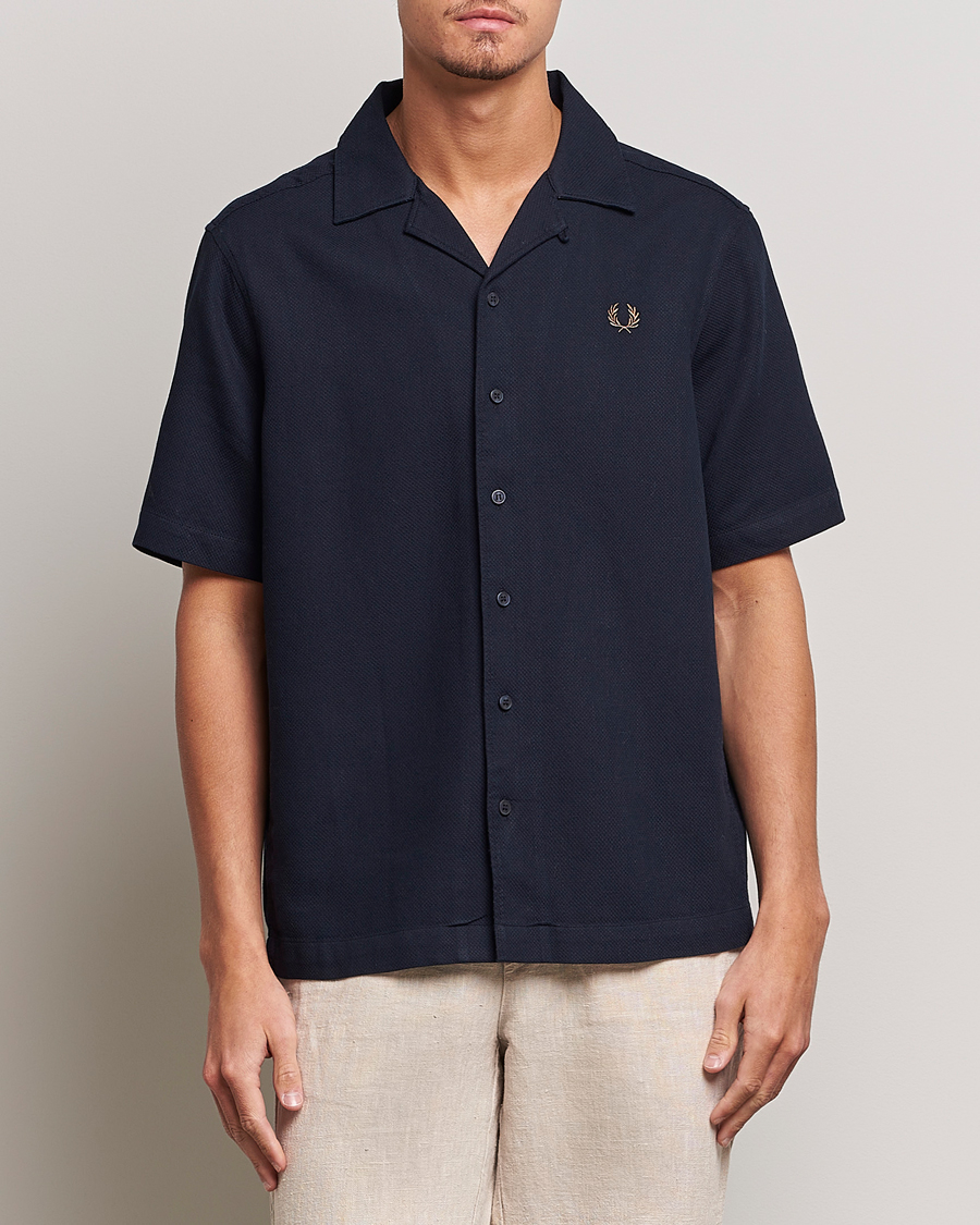 Herren | Hemden | Fred Perry | Woven Pique Short Sleeve Linen Shirt Navy