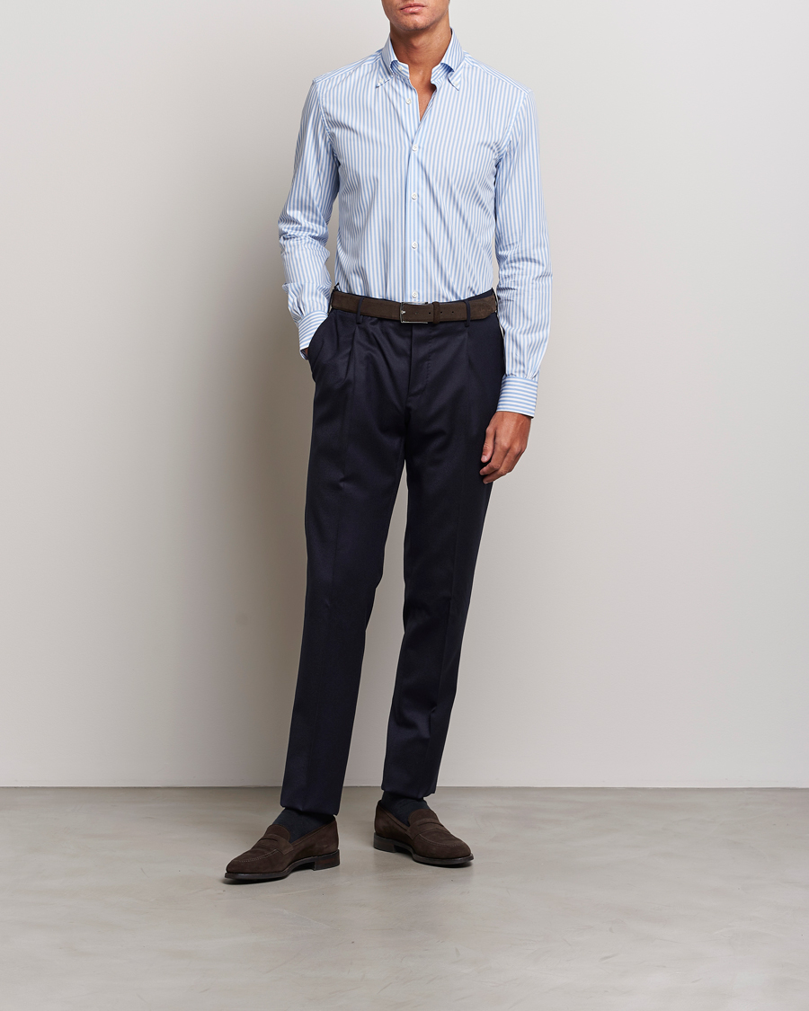 Herren | Hemden | Mazzarelli | Soft Button Down Striped Shirt Light Blue