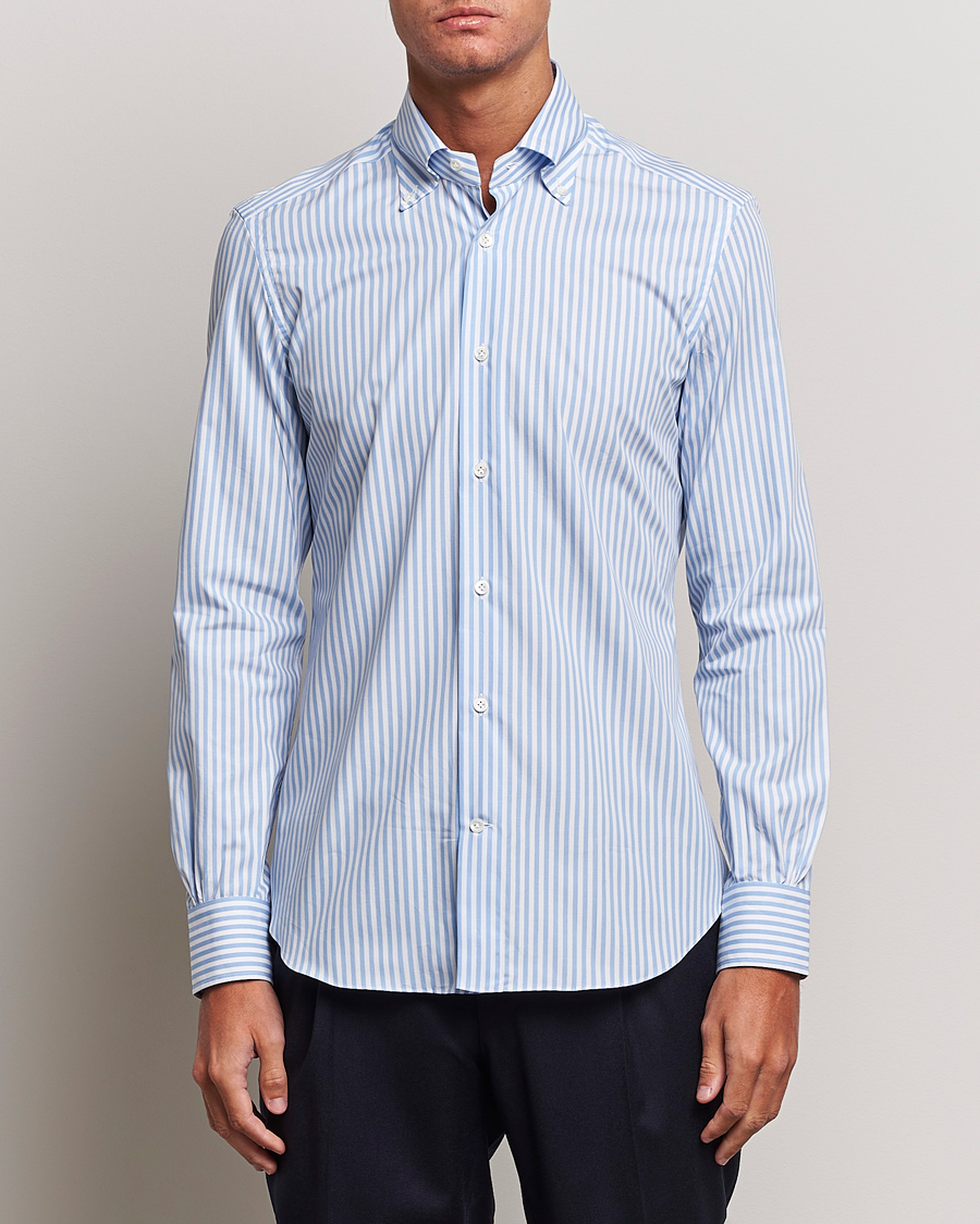 Herren | Hemden | Mazzarelli | Soft Button Down Striped Shirt Light Blue