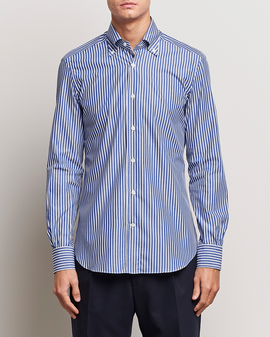 Herren | Freizeithemden | Mazzarelli | Soft Button Down Striped Shirt Dark Blue