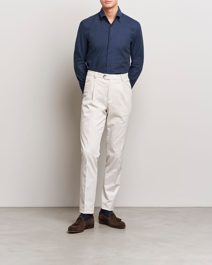 Herren | Hemden | Mazzarelli | Soft Button Down Flannel Shirt Navy