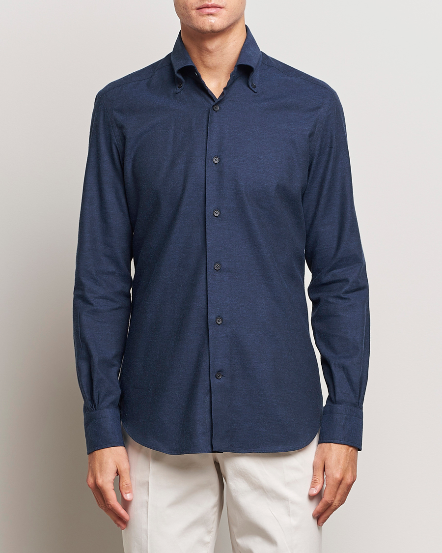 Herren | Hemden | Mazzarelli | Soft Button Down Flannel Shirt Navy