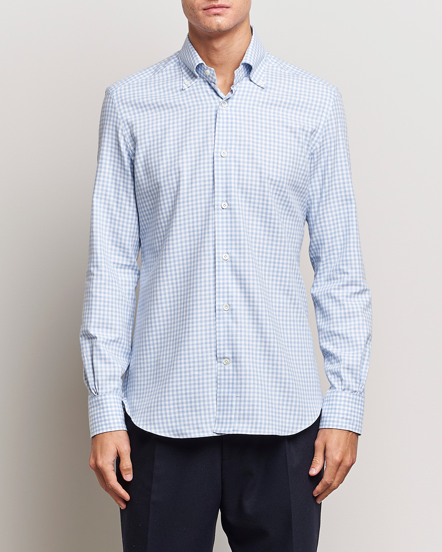Herren | Flannellhemden | Mazzarelli | Soft Button Down Flannel Shirt Light Blue