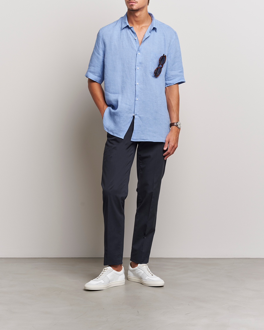 Herren | Hemden | Sunspel | Short Sleeve Linen Shirt Cool Blue
