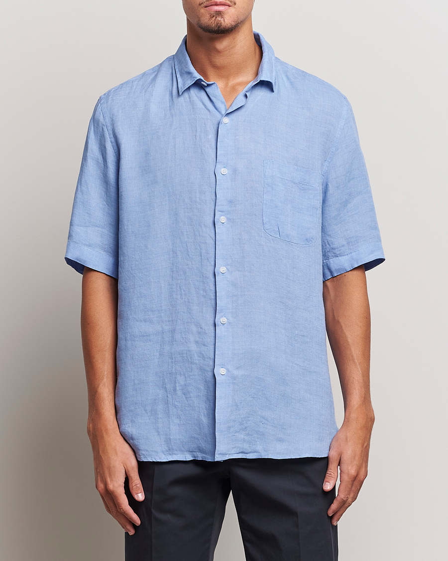 Herren | Hemden | Sunspel | Short Sleeve Linen Shirt Cool Blue