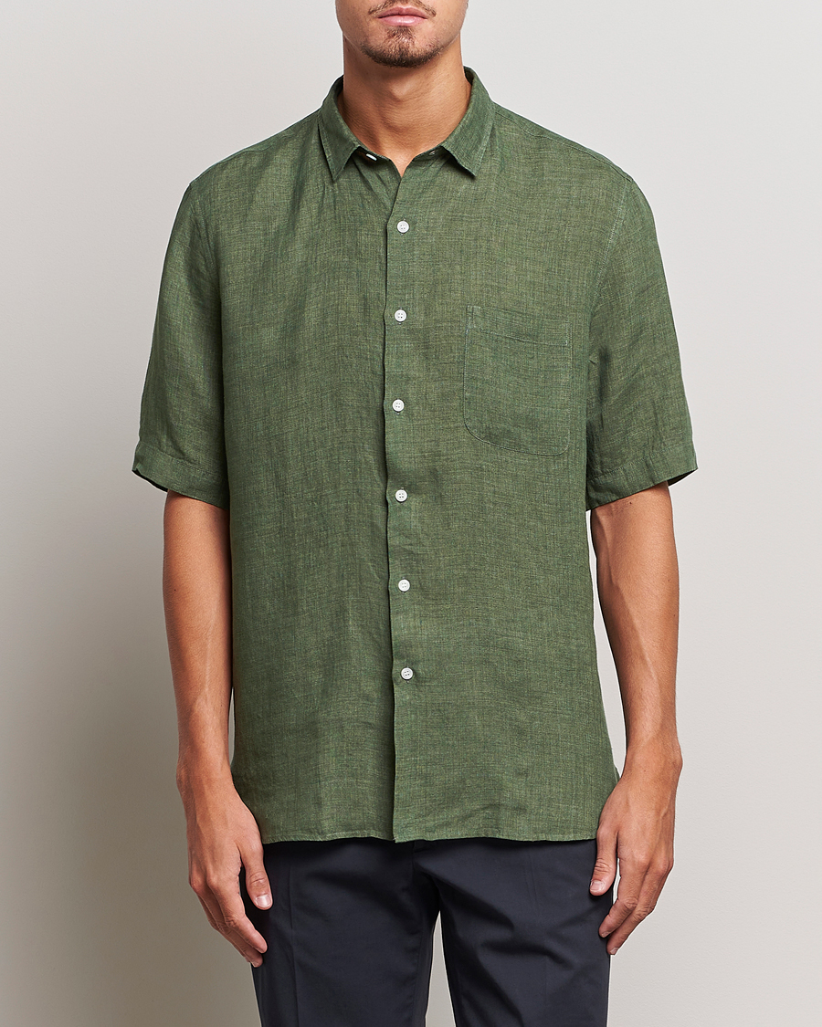 Herren | Hemden | Sunspel | Short Sleeve Linen Shirt Hunter Green