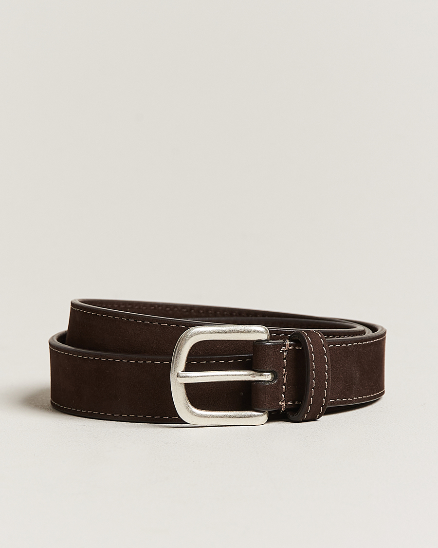Herren | Anderson's Slim Stitched Nubuck Leather Belt 2,5 cm Dark Brown | Anderson's | Slim Stitched Nubuck Leather Belt 2,5 cm Dark Brown