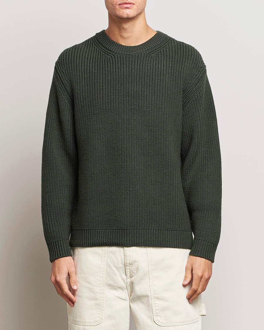 Herren | Pullover | Jeanerica | Paul Heavy Knitted Crew Neck Dark Green