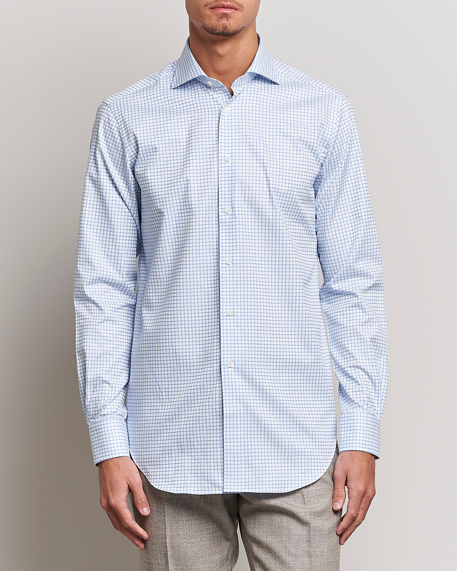 Herren | Oxfordhemden | Kamakura Shirts | Slim Fit Twill Spread Shirt Sky Blue Check