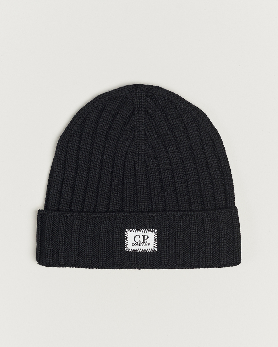 Herren | C.P. Company Knitted Merino Logo Beanie Black | C.P. Company | Knitted Merino Logo Beanie Black