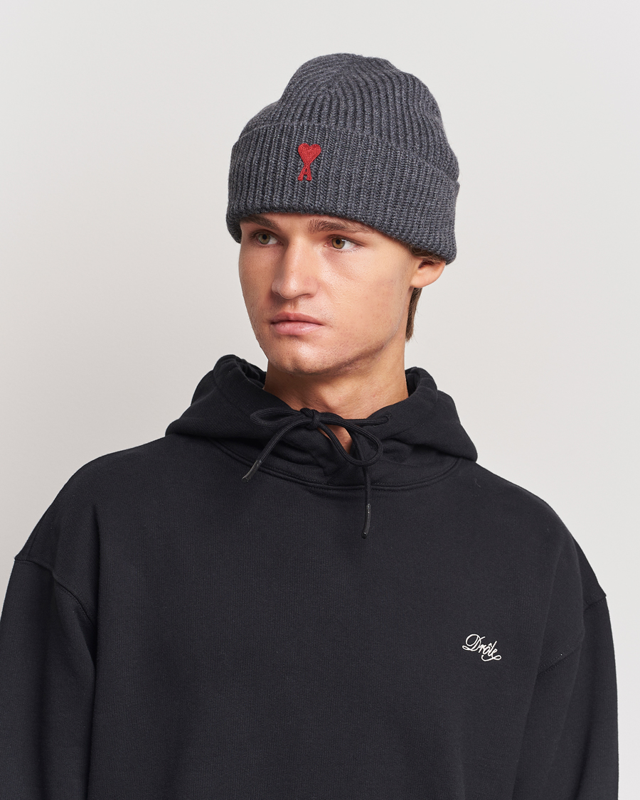 Herren | AMI Heart Logo Beanie Heather Grey | AMI | Heart Logo Beanie Heather Grey
