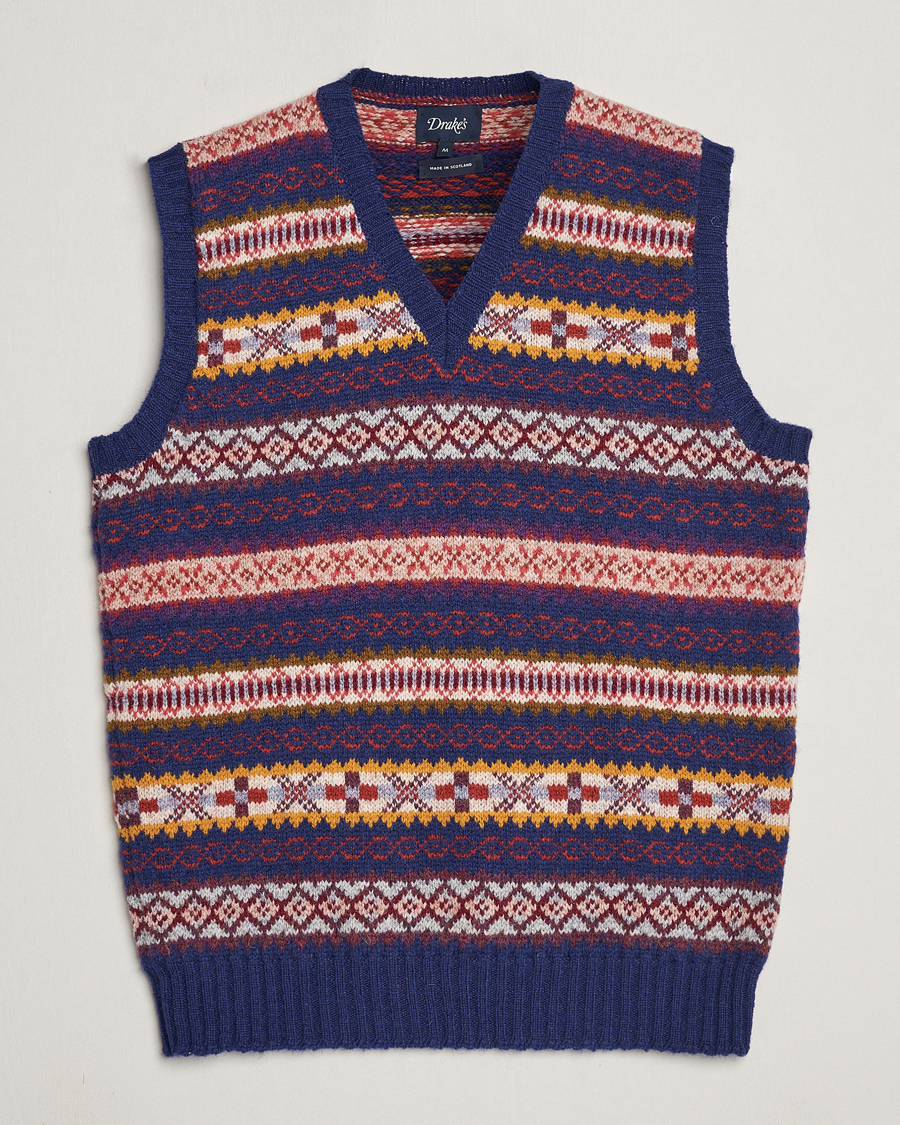 Herren | Pullover | Drake's | Fairisle Print Wool Vest Navy