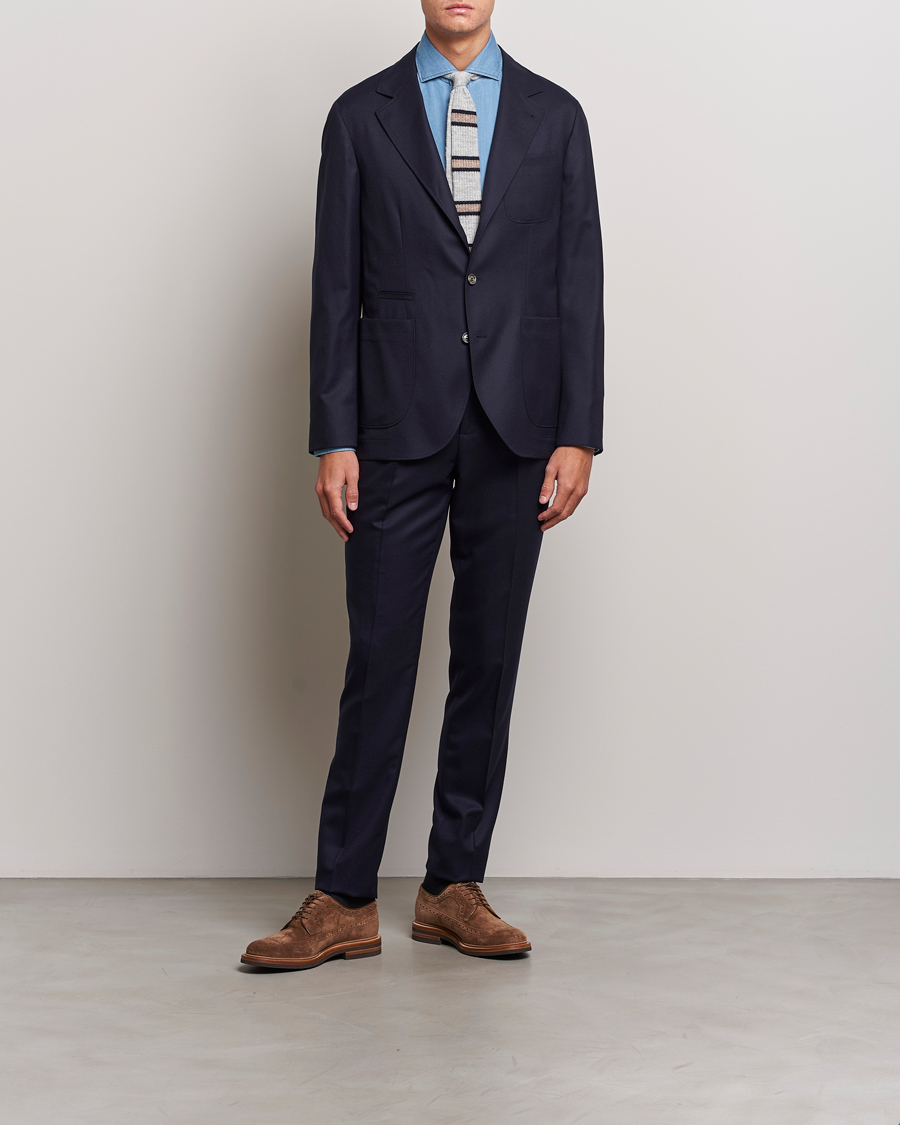 Herren | Hosen | Brunello Cucinelli | Slim Fit Pleated Flannel Trousers Navy