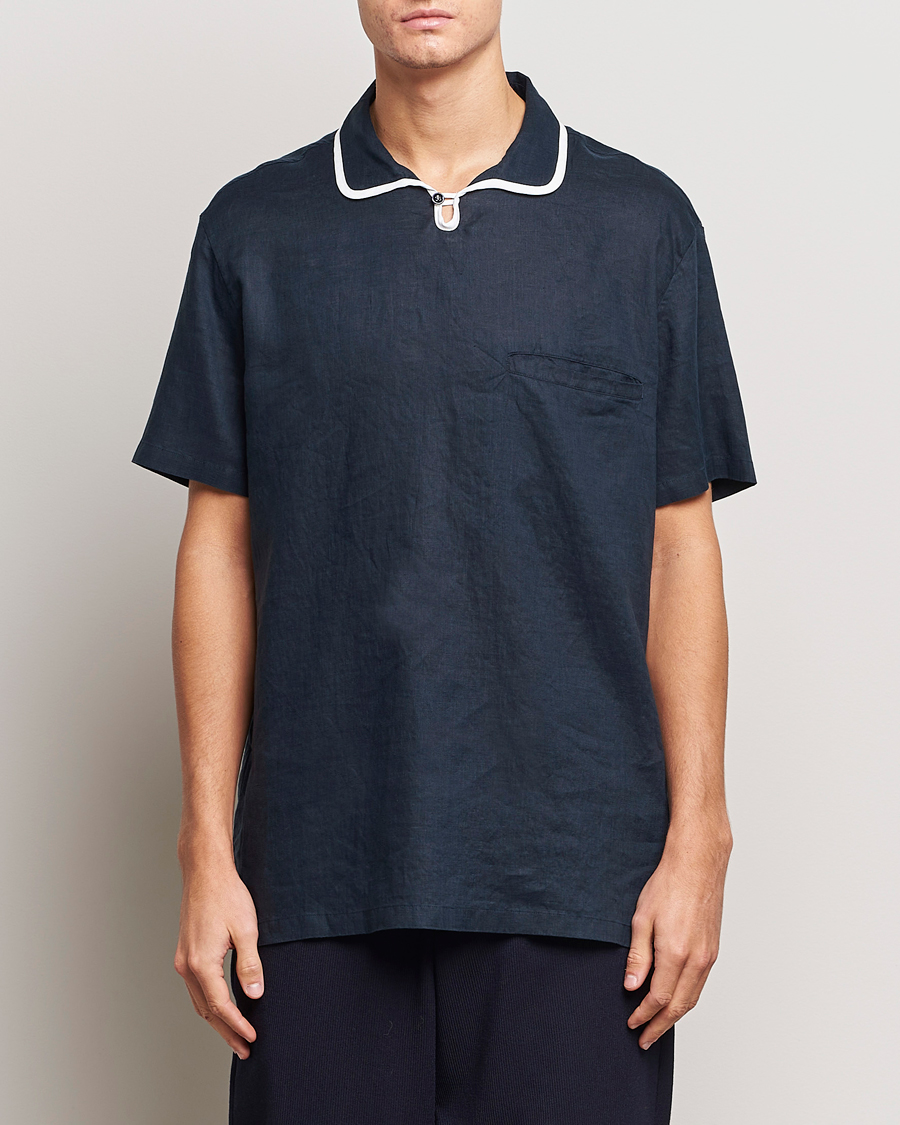 Herren | 60% sale | Giorgio Armani | Linen Guru Collar Short Sleeve Shirt Navy