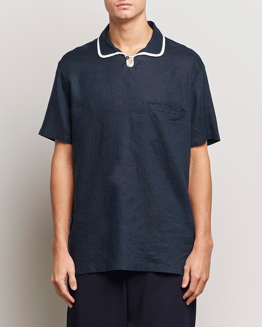 Herren | Hemden | Giorgio Armani | Linen Guru Collar Short Sleeve Shirt Navy
