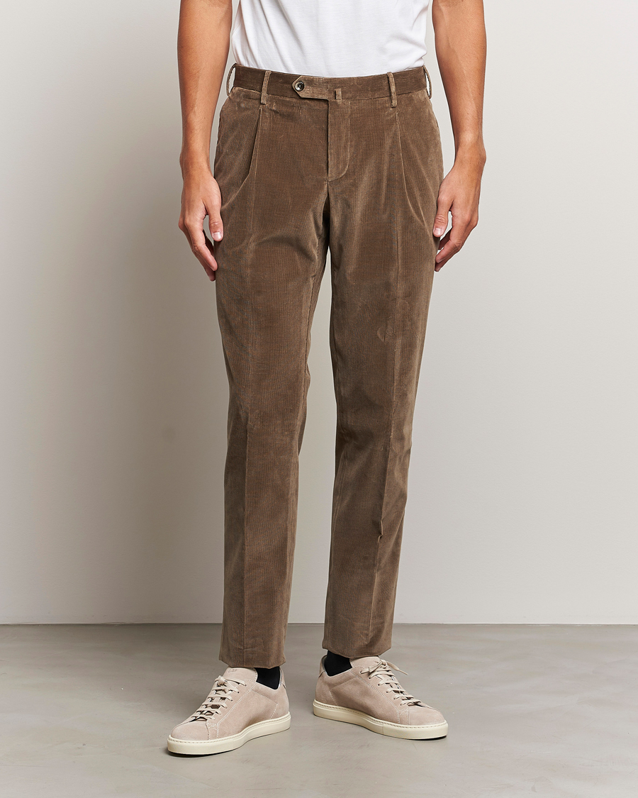 Herren | Hosen | PT01 | Slim Fit Pleated Corduroy Trousers Taupe