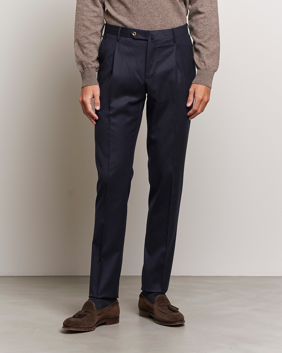 Herren | Hosen | PT01 | Slim Fit Pleated Flannel Trousers Navy