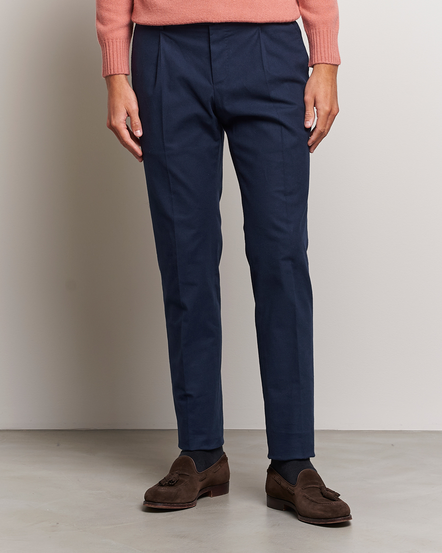 Herren | Hosen | PT01 | Slim Fit Pleated Cotton Flannel Trousers Navy