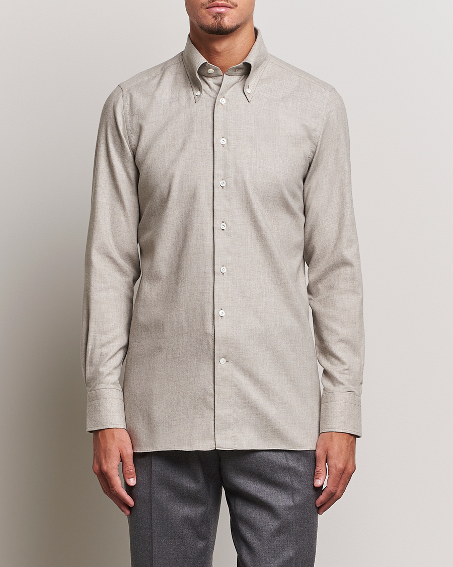 Herren | Business Casual | 100Hands | Cotton/Cashmere Button Down Flannel Shirt Taupe