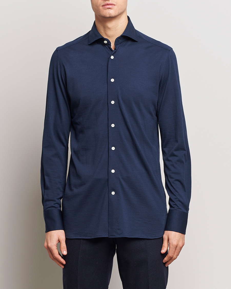 Herren | Hemden | 100Hands | Wool Cut Away Shirt Navy Blue