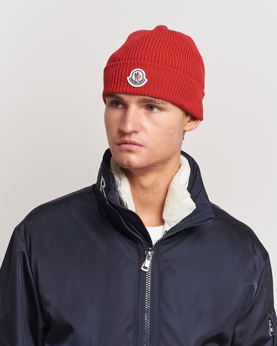 Herren | Moncler Ribbed Wool Beanie Red | Moncler | Ribbed Wool Beanie Red