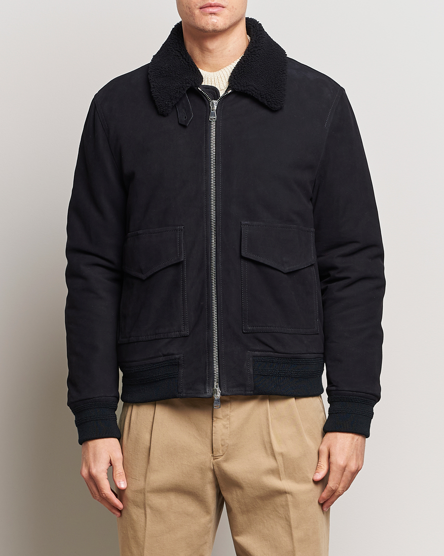 Herren | Jacken | Valstar | Shearling Collar Suede Bomber Navy