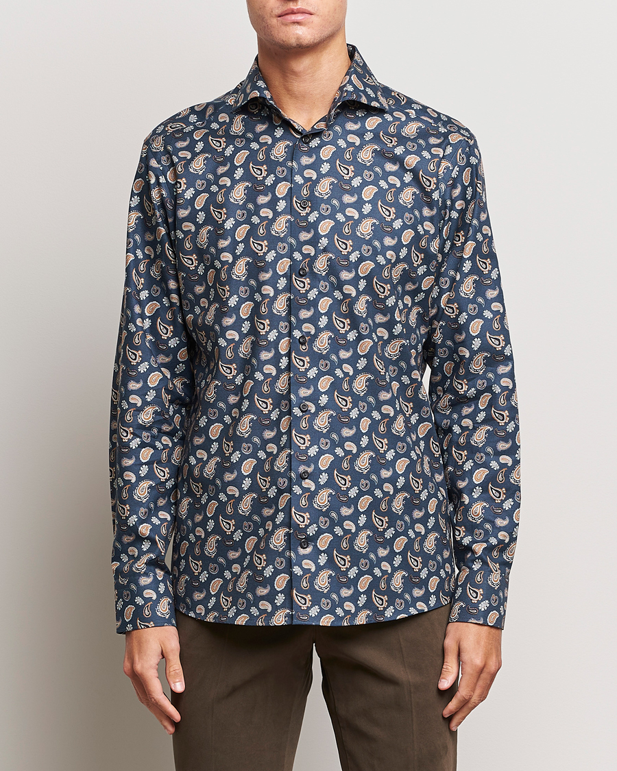 Herren | 60% sale | Eton | Slim Fit Wrinkle Free Flannel Printed Shirt Navy