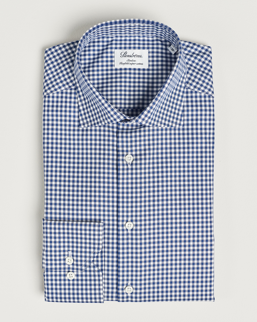Herren | Hemden | Stenströms | Slimline Mini Check Cut Away Shirt Blue