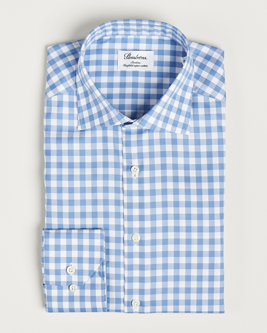 Herren | Hemden | Stenströms | Slimline Check Cut Away Shirt Light Blue