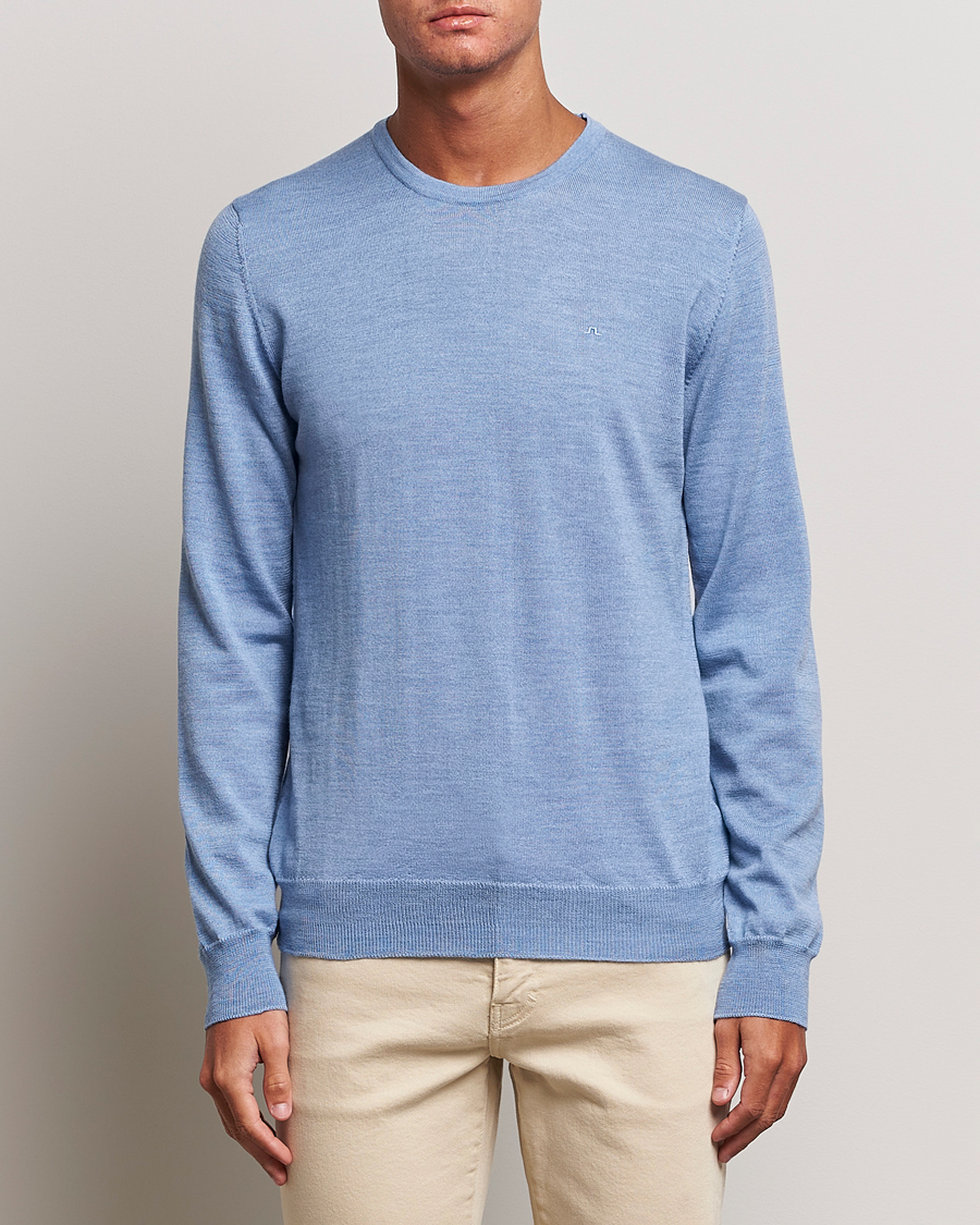 Herren | Pullover | J.Lindeberg | Lyle True Merino Crew Neck Pullover Washed Denim Blue