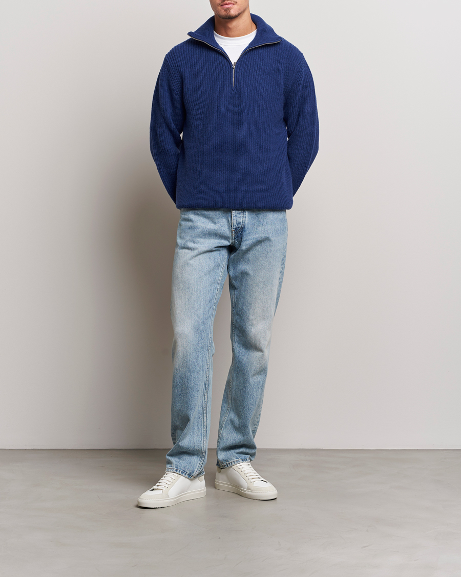 Herren | Pullover | Nudie Jeans | August Wool Rib Knitted Half Zip Royal Blue