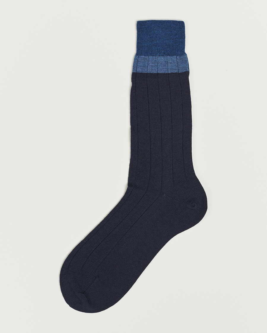Herren | Unterwäsche | Bresciani | Wide Ribbed Block Stripe Wool Socks Navy