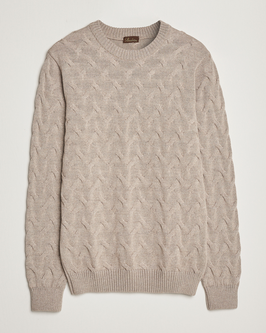 Herren | Pullover | Stenströms | Heavy Cable Merino Crew Neck Beige