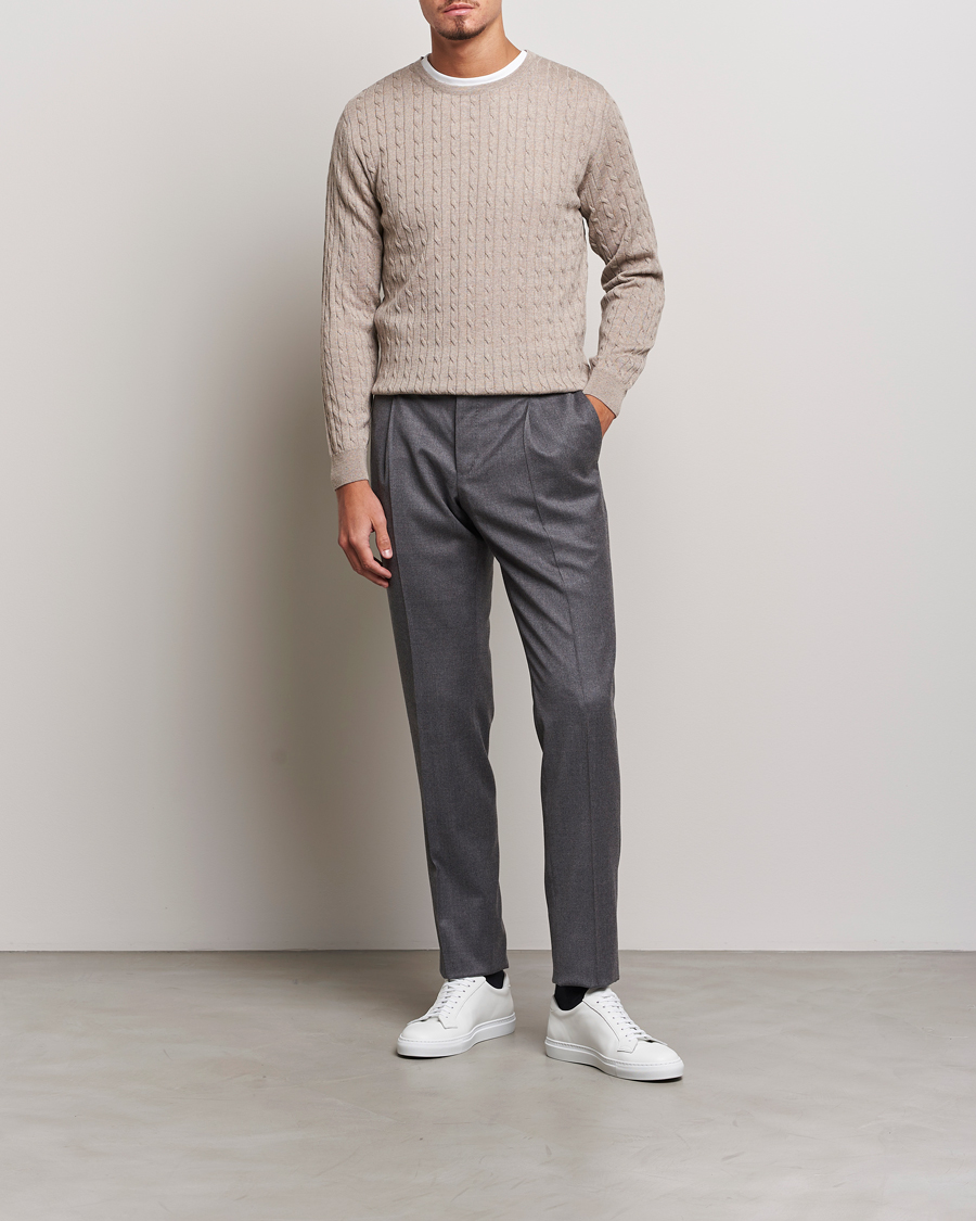 Herren | Pullover | Stenströms | Merino Cable Crew Neck Beige