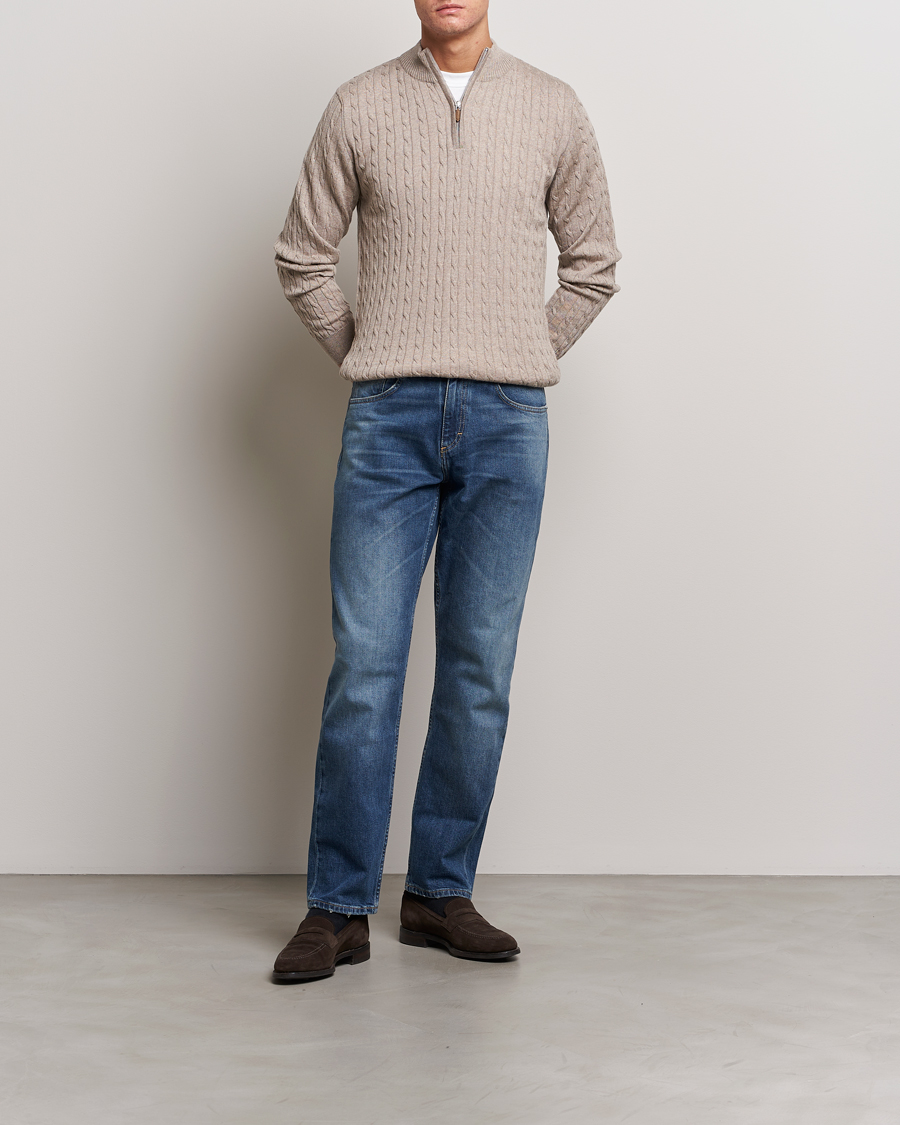 Herren | Pullover | Stenströms | Merino Cable Half Zip Beige