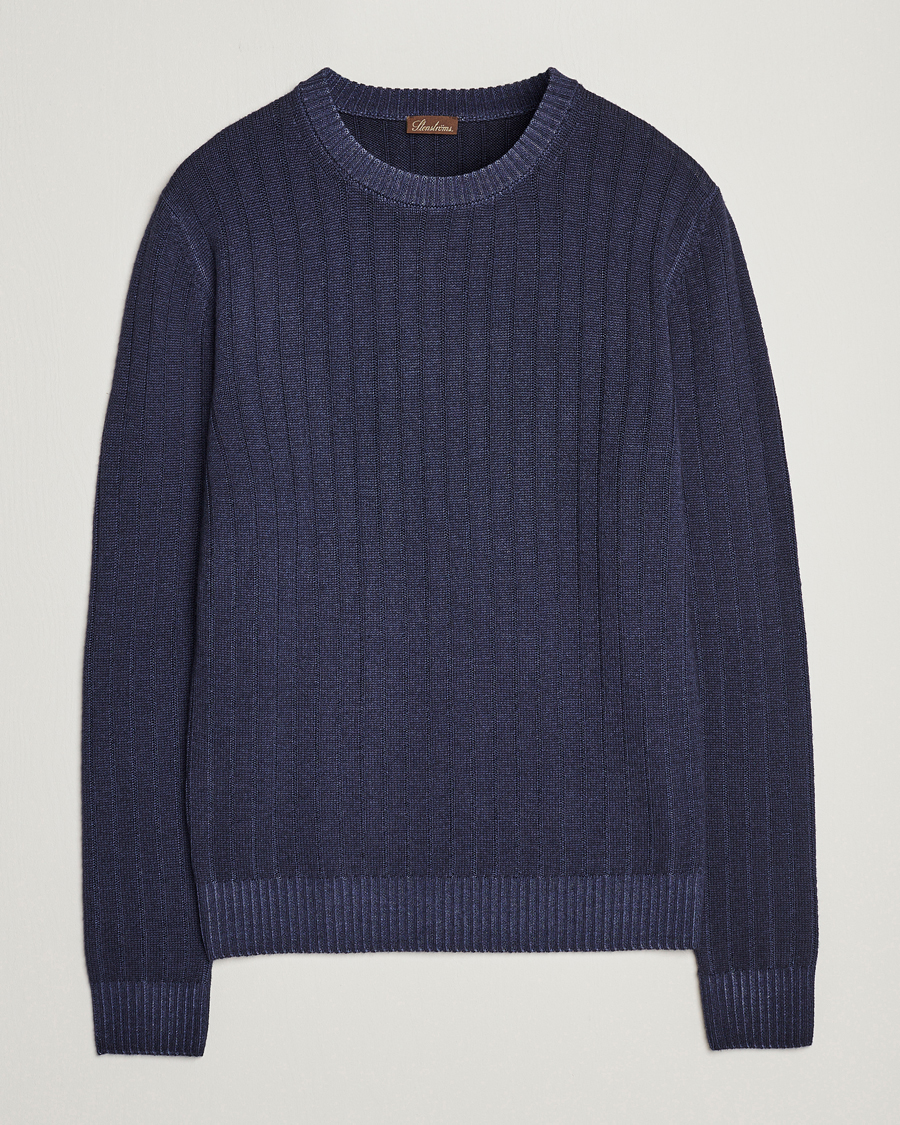 Herren | Pullover | Stenströms | Garment Dyed Ribbed Merino Wool Crewneck Blue