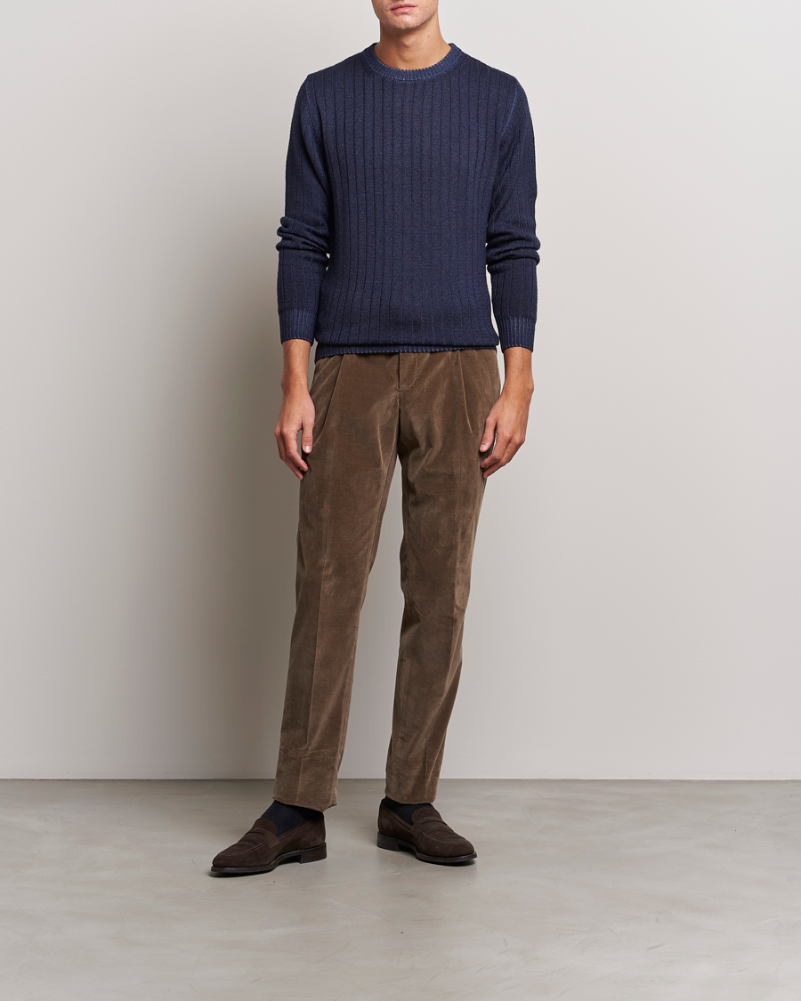 Herren | Pullover | Stenströms | Garment Dyed Ribbed Merino Wool Crewneck Blue