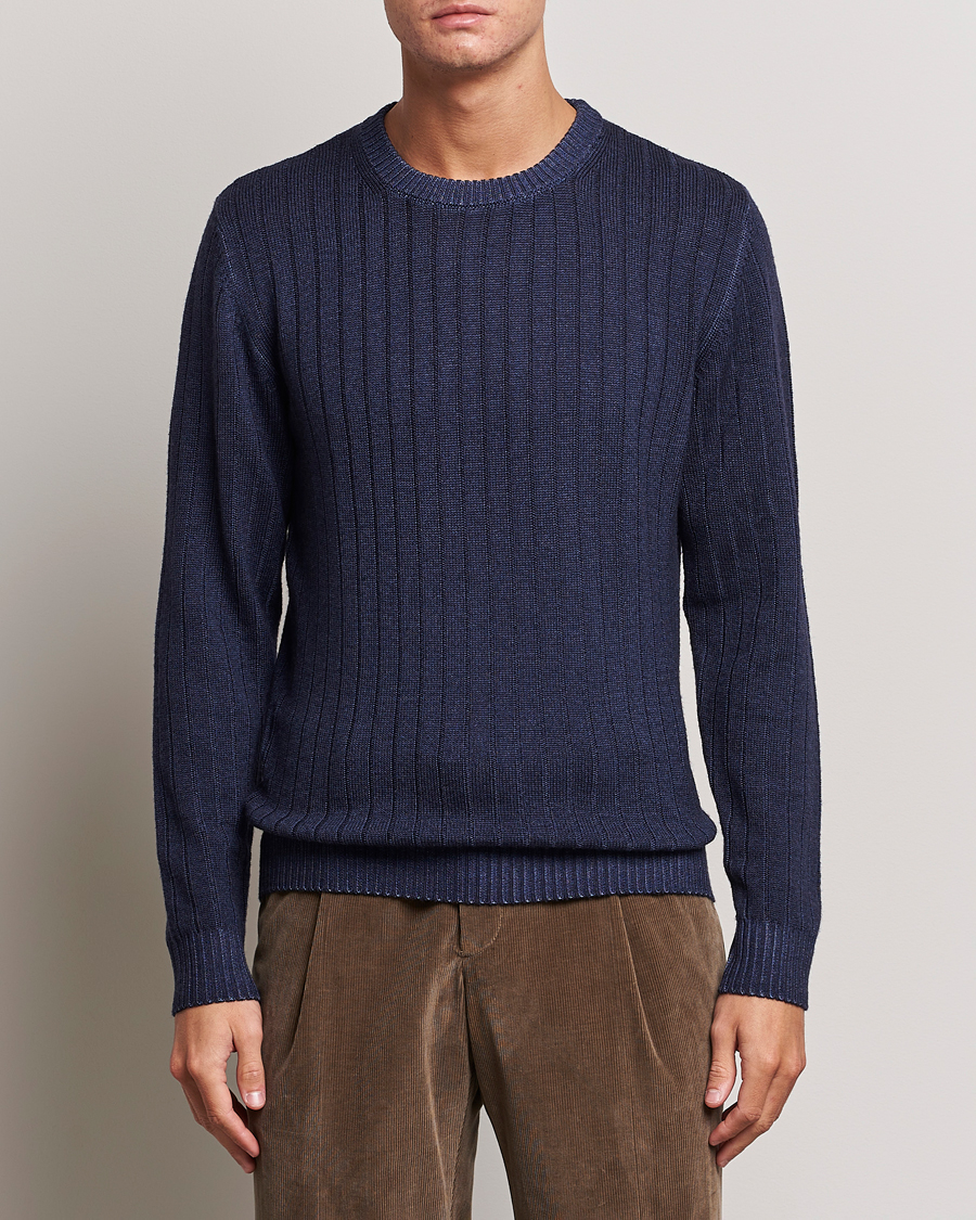 Herren | Pullover | Stenströms | Garment Dyed Ribbed Merino Wool Crewneck Blue