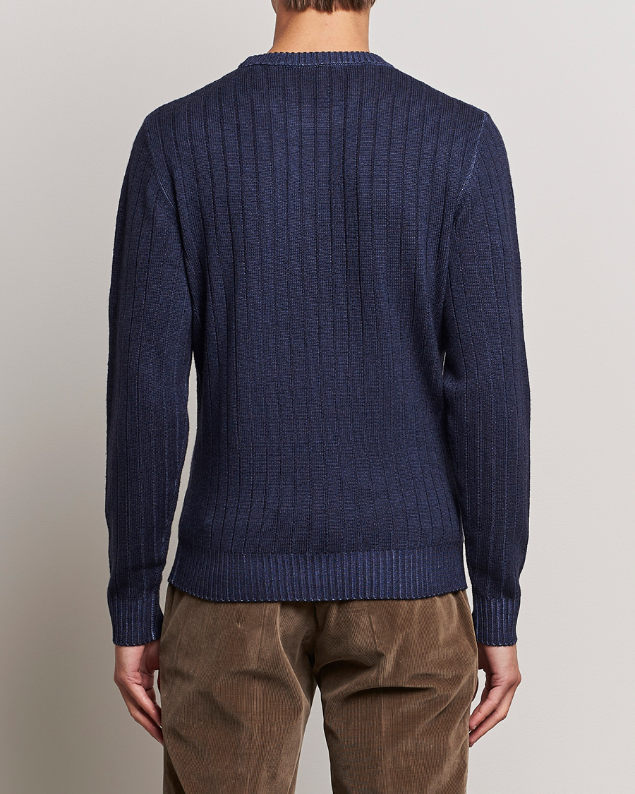 Herren | Pullover | Stenströms | Garment Dyed Ribbed Merino Wool Crewneck Blue