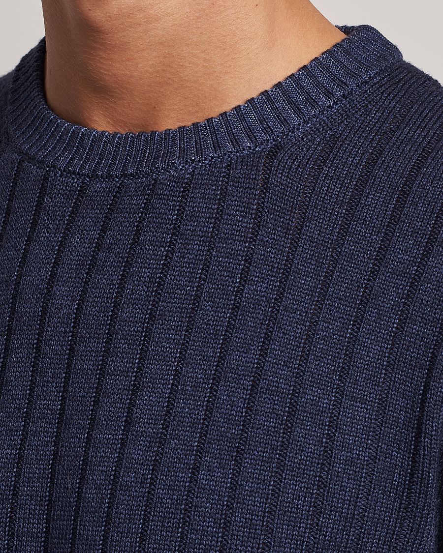 Herren | Pullover | Stenströms | Garment Dyed Ribbed Merino Wool Crewneck Blue