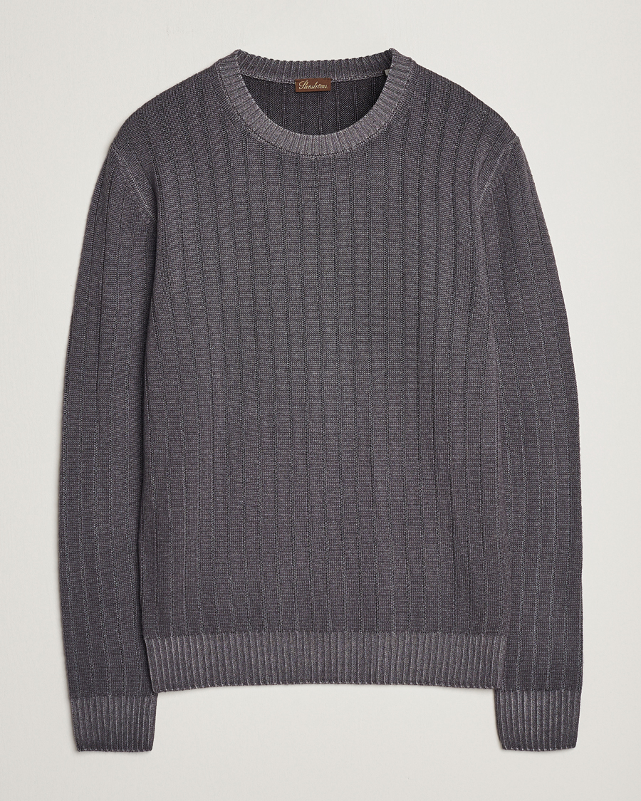 Herren | Pullover | Stenströms | Garment Dyed Ribbed Merino Wool Crewneck Grey