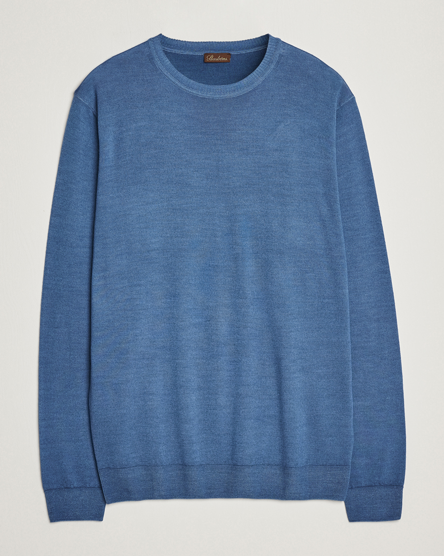 Herren | Pullover | Stenströms | Garment Dyed Merino Wool Crewneck Blue
