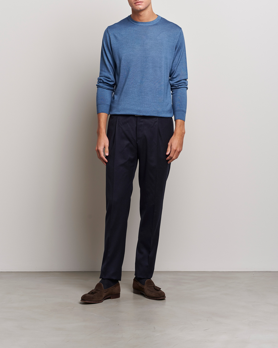 Herren | Pullover | Stenströms | Garment Dyed Merino Wool Crewneck Blue