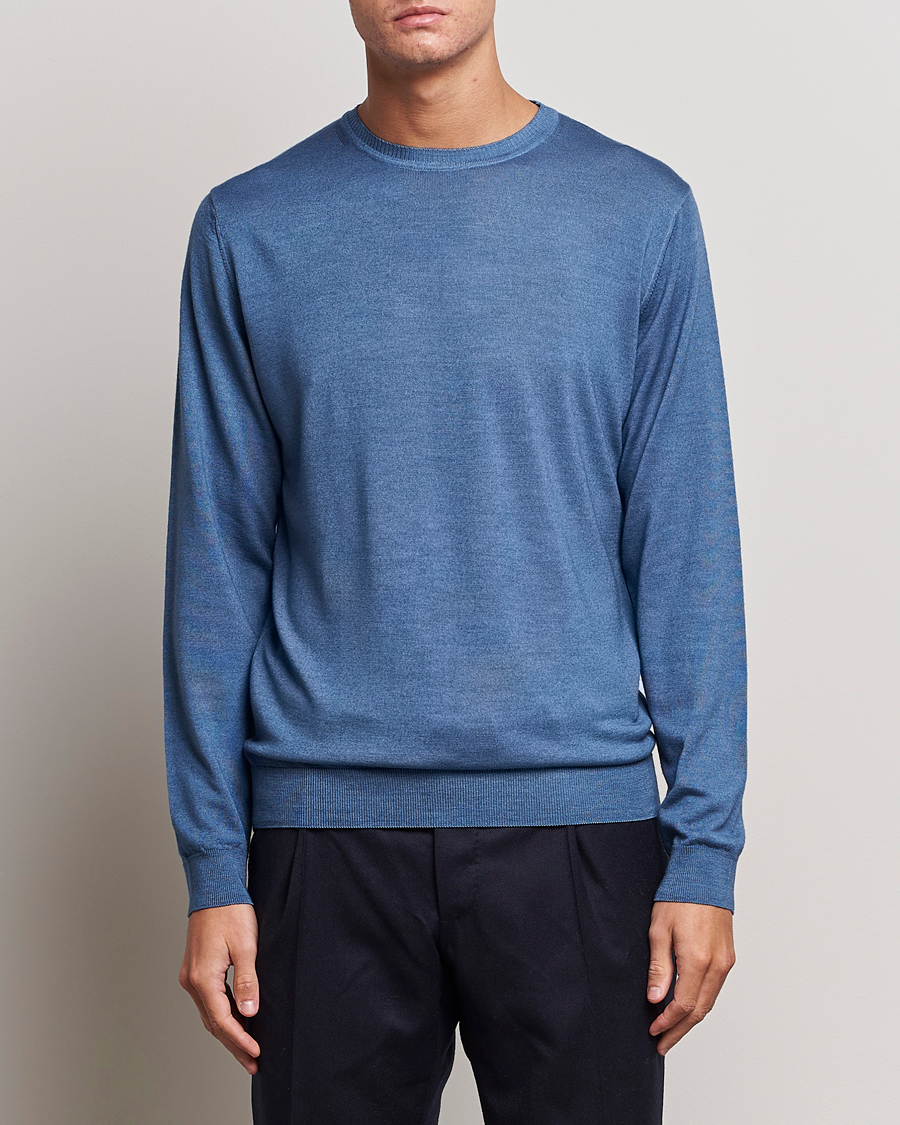 Herren | Pullover | Stenströms | Garment Dyed Merino Wool Crewneck Blue