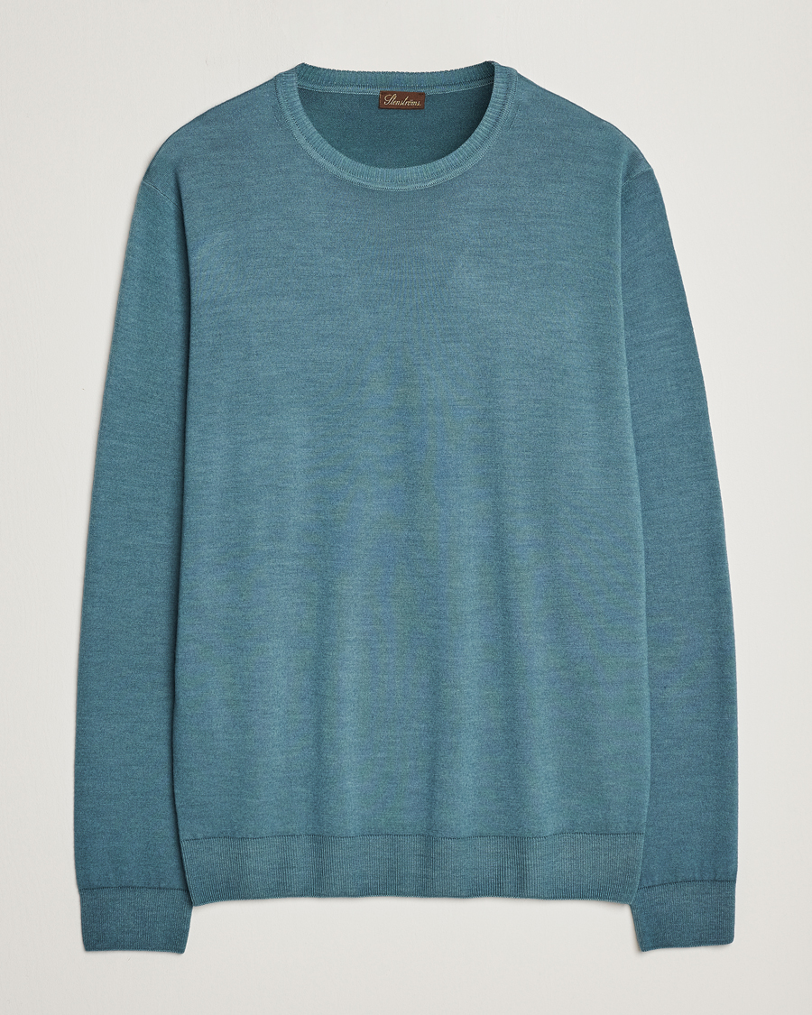 Herren | Pullover | Stenströms | Garment Dyed Merino Wool Crewneck Petrol