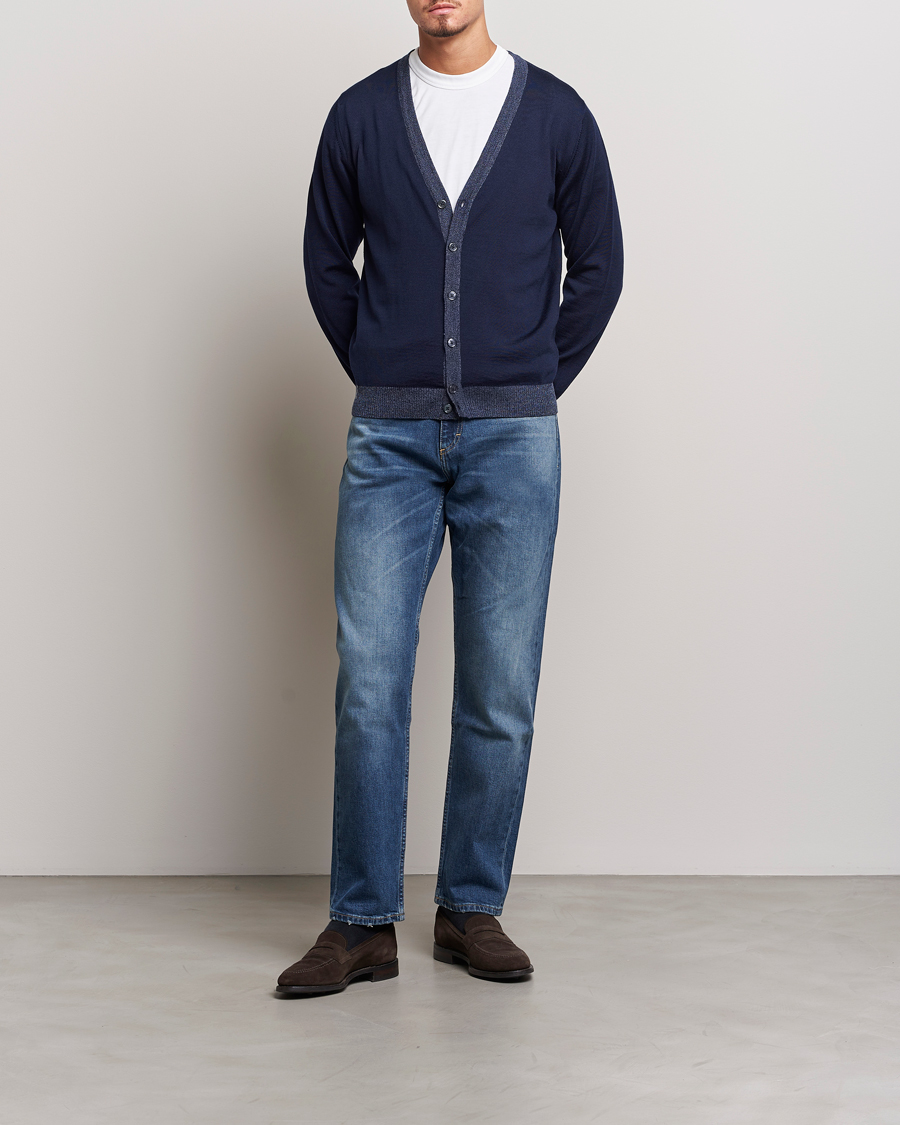 Herren | Pullover | Stenströms | Merino Wool Contrast Cardigan Navy