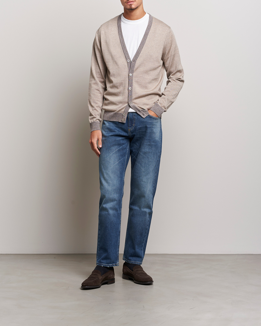 Herren | Pullover | Stenströms | Merino Wool Contrast Cardigan Beige