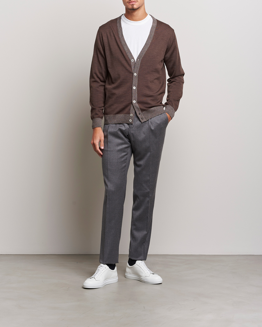 Herren | Pullover | Stenströms | Merino Wool Contrast Cardigan Brown