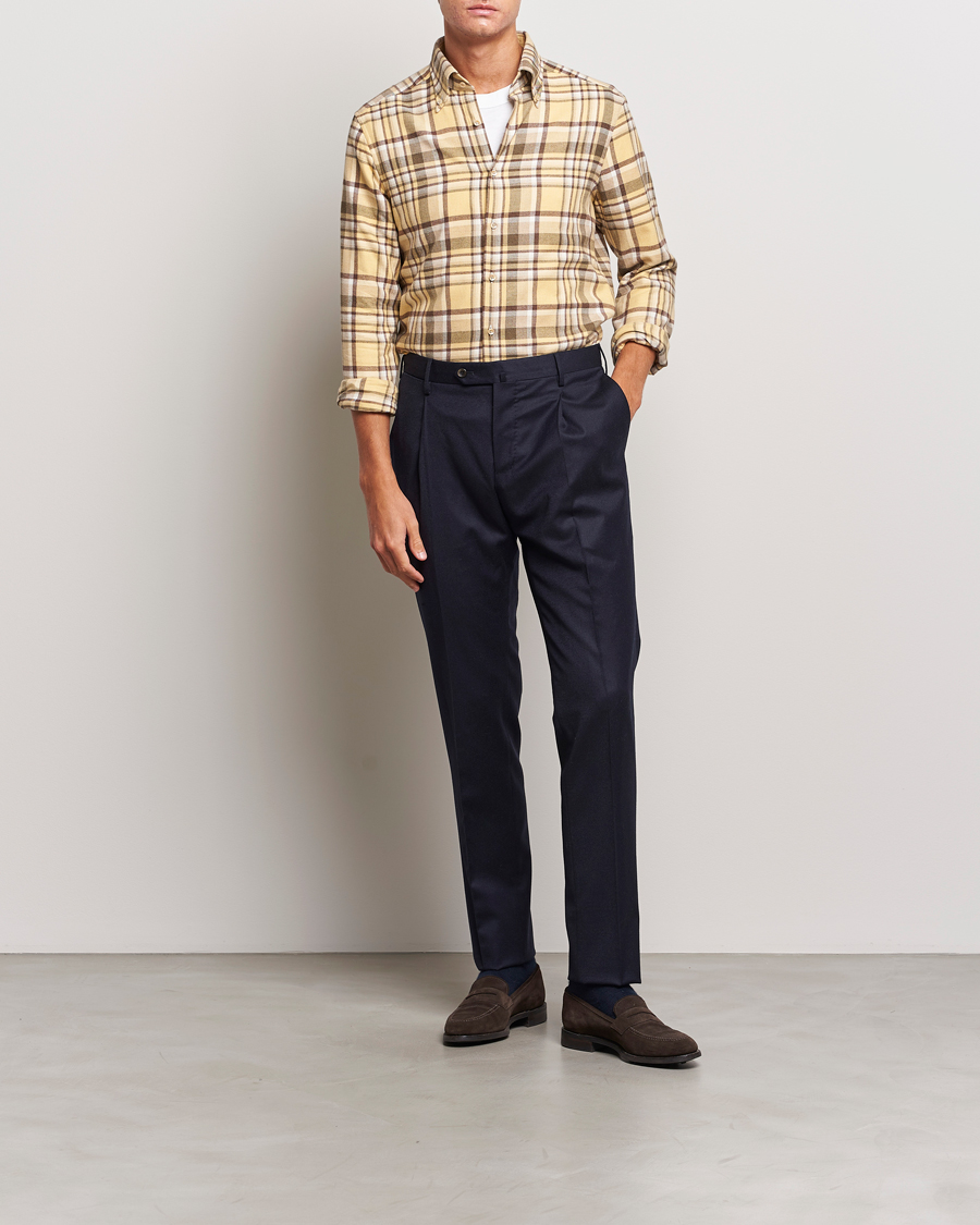 Herren | Hemden | Stenströms | Slimline Checked Button Down Flannel Shirt Yellow
